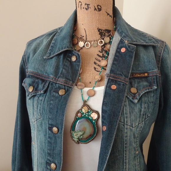 Leather Blue Agate Frog Pond Long Boho Beaded Mother of Pearl Shell Necklace - Picture 3 of 13